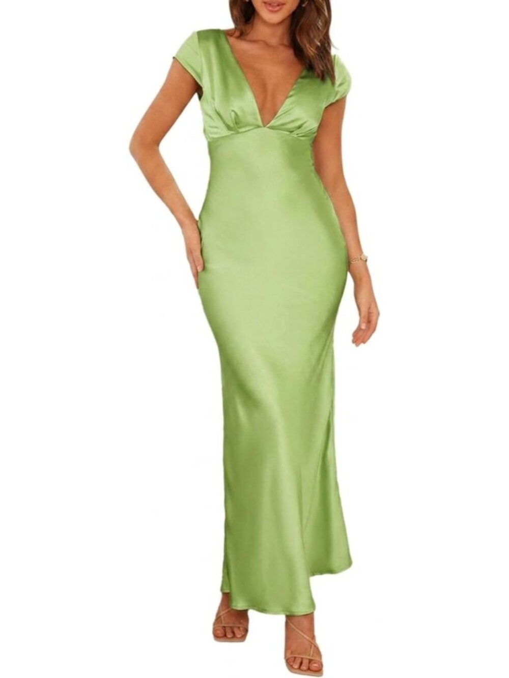 Women's Green Summer Satin V Neck Cap Sleeve Backless Wedding Guest Midi Dresses